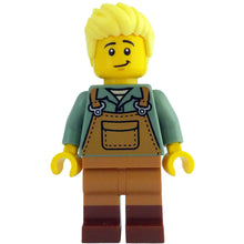 Minifig idea203 - Gardener - Male, Medium Nougat Overalls over Sand Green Shirt, Reddish Brown Boots, Bright Light Yellow Hair