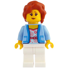 Minifig idea206 - Woman - Bright Light Blue Jacket over White Shirt with Coral Flowers, White Legs, Dark Orange Hair with Braid