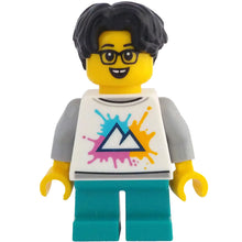 Minifig idea207 - Child - Boy, White Shirt with Mountains Logo, Dark Turquoise Short Legs, Black Hair Wavy, Glasses