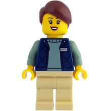 Minifig idea209 - Botanical Garden Manager - Female, Dark Blue Bodywarmer over Sand Green Sweater, Tan Legs, Reddish Brown Hair