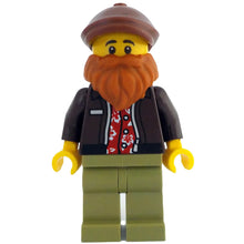 Minifig idea214 - Photographer - Male, Dark Brown Jacket over Red Shirt, Olive Green Legs, Reddish Brown Cap, Dark Orange Beard