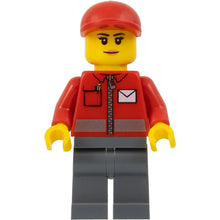 Minifig post011 - Post Office White Envelope and Stripe, Dark Bluish Gray Legs, Red Short Bill Cap