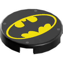 Part 14769pb692 - Tile, Round 2 x 2 with Bottom Stud Holder with Batman Bat Logo on Yellow Background and 4 Silver Dots Pattern