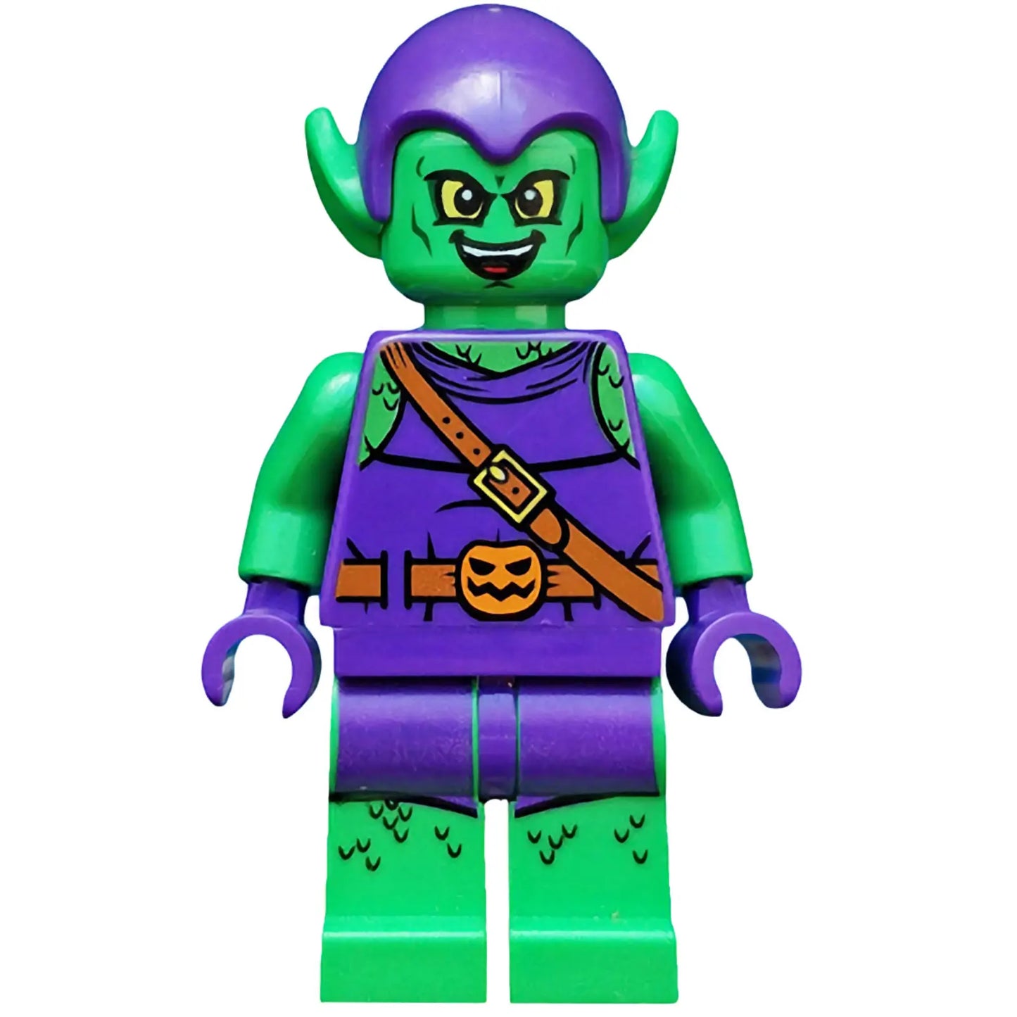 Minifigur sh0196 – Grüner Kobold – Hellgrüne Haut, dunkelviolettes Outfit, große gelbe Augen
