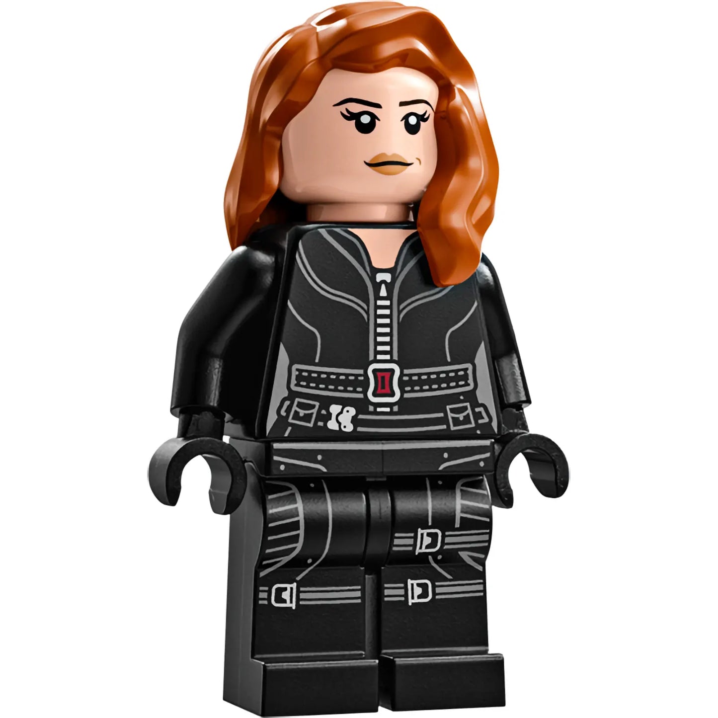 Minifig sh1012 - Black Widow - Black Jumpsuit, Dark Orange Mid-Length Hair, Printed Legs, Black Hands, Dark Brown Eyebrows