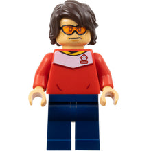 Minifig soc161 - Soccer Spectator - Red Soccer Jersey, Dark Blue Legs, Dark Brown Hair, Orange Glasses