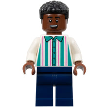 Minifig soc162 - Soccer Spectator - White Shirt with Dark Turquoise and Dark Pink Stripes, Dark Blue Legs, Black Hair