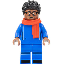 Minifig soc163 - Soccer Spectator - Blue Soccer Uniform, Red Scarf, Black Hair, Glasses
