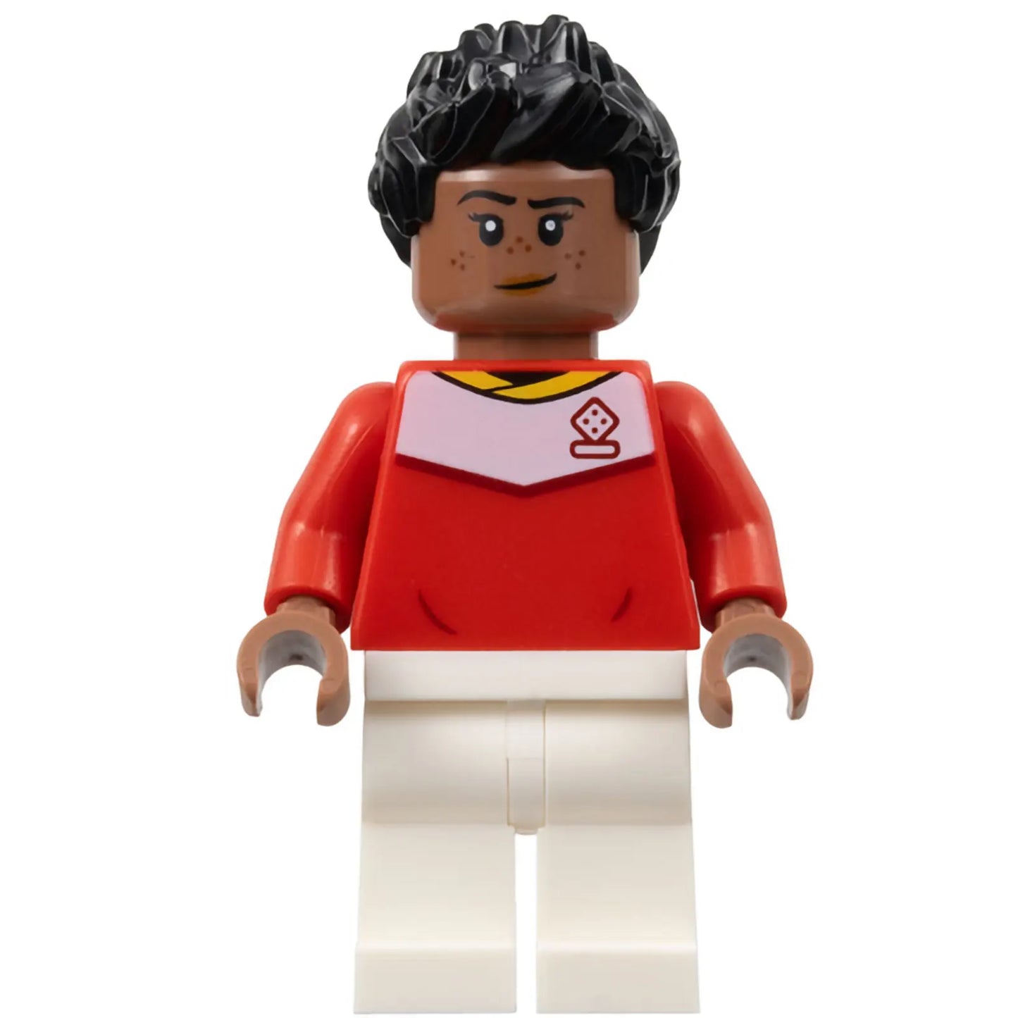 Minifig soc165 - Soccer Spectator - Red Soccer Jersey, White Legs, Black Spiky Hair