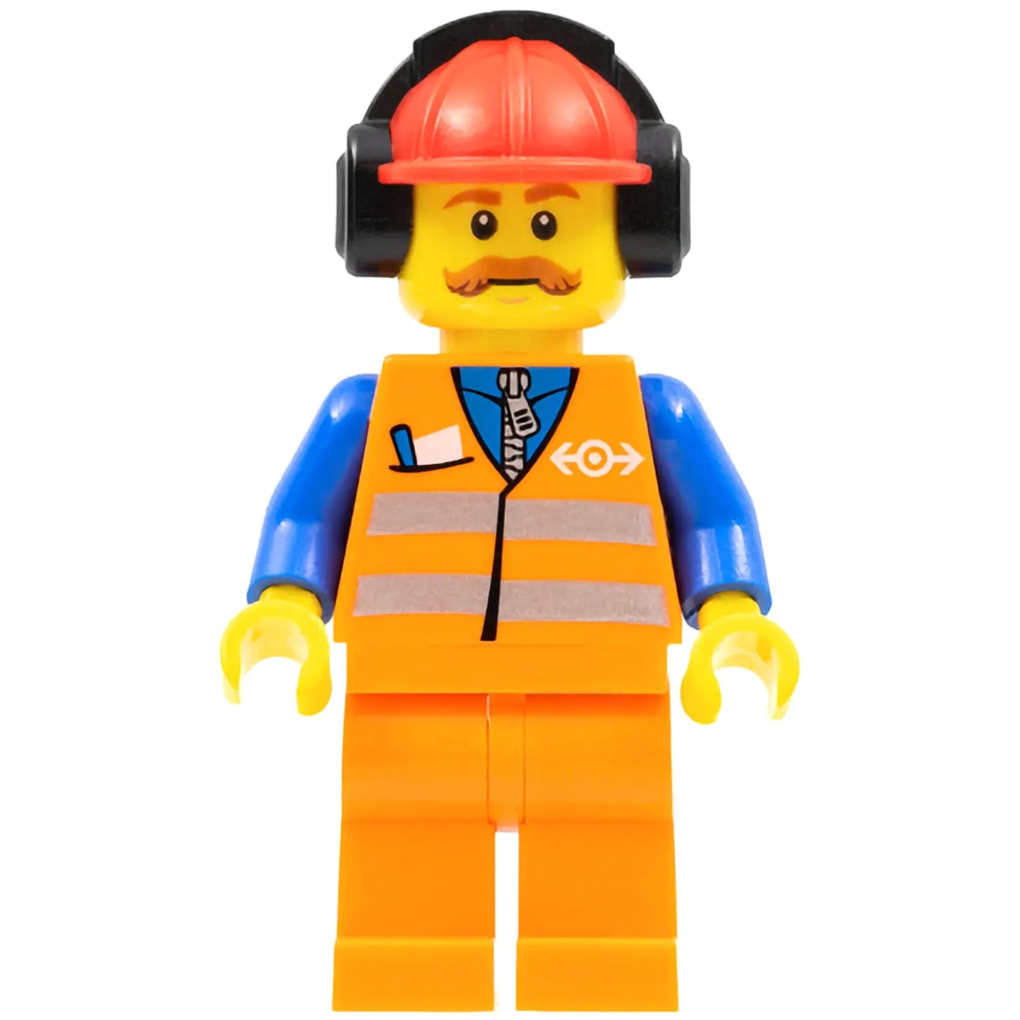 Minifig trn240 - Orange Vest with Safety Stripes - Orange Legs, Red Construction Helmet with Black Ear Protectors / Headphones
