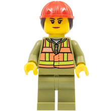 Minifig trn246 - Train Worker - Female, Orange Safety Vest with Lime Straps, Olive Green Legs, Red Construction Helmet with Dark Brown Ponytail Hair