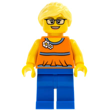 Minifig twn279 - Orange Halter Top with Medium Blue Trim and Flowers Pattern, Blue Legs, Bright Light Yellow Ponytail and Swept Sideways Fringe