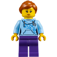 Minifig twn325 - Roller Coaster Rider - Female, Bright Light Blue Hoodie, Dark Purple Legs, Dark Orange Ponytail