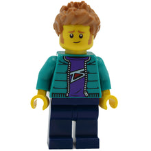 Minifig twn390 - Male with Purple Shirt, Dark Turquoise Jacket, Dark Blue Legs and Medium Nougat Hair