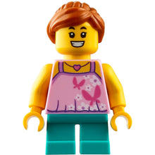 Minifig twn408 - Tourist - Girl, Bright Pink Top with Butterflies and Flowers, Dark Turquoise Short Legs, Dark Orange Hair