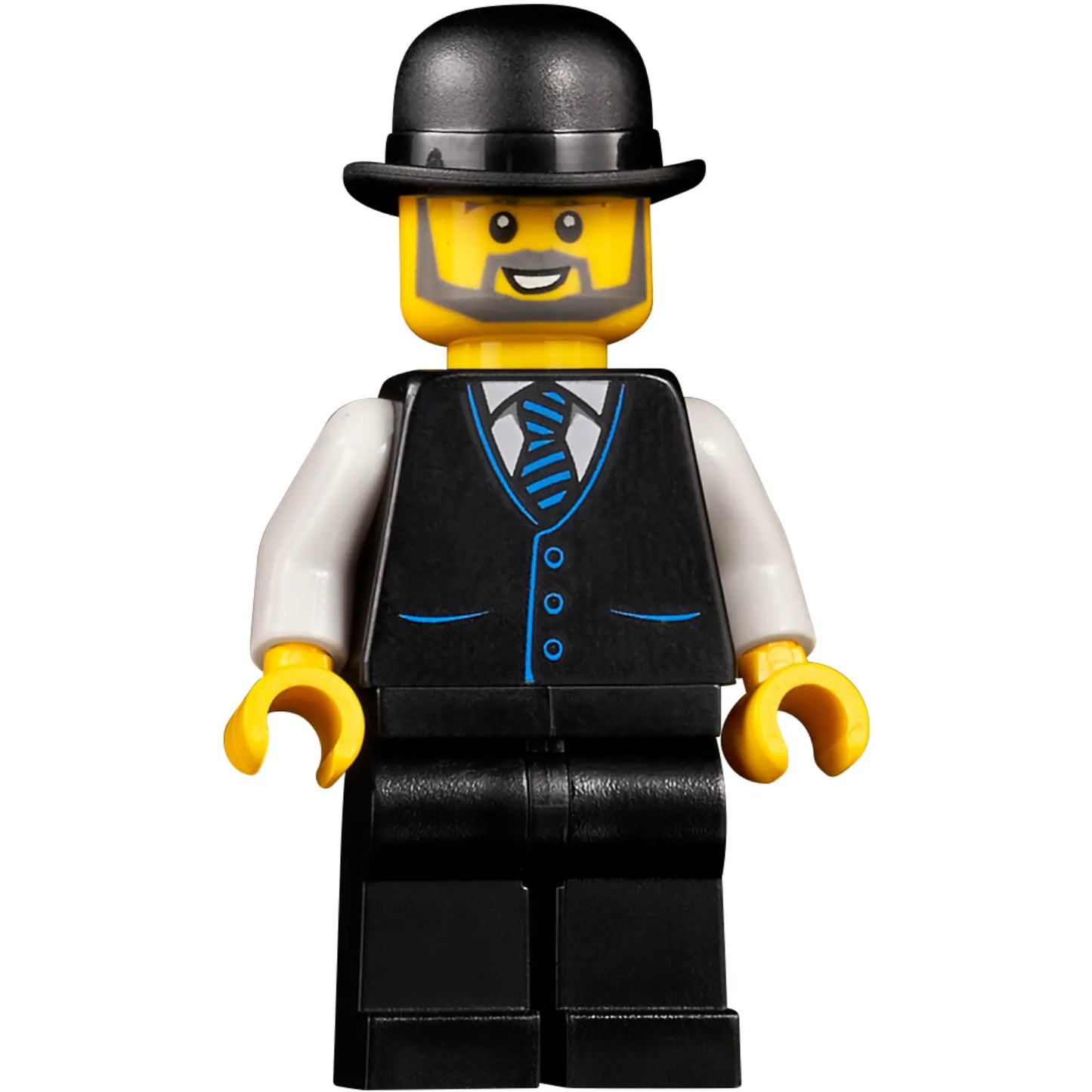 Minifig twn421 - Accountant - Male, Black Vest with Blue Striped Tie, Black Legs, Black Bowler Hat, Beard