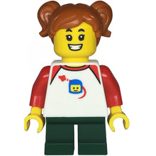 Minifig twn480 - Child - Girl, White Classic Space Shirt with Red Sleeves, Dark Green Short Legs, Dark Orange Pigtails