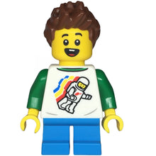 Minifig twn481 - Child - Boy, Classic Space Shirt with Minifigure Floating and Back Print, Dark Azure Short Legs, Reddish Brown Spiked Hair